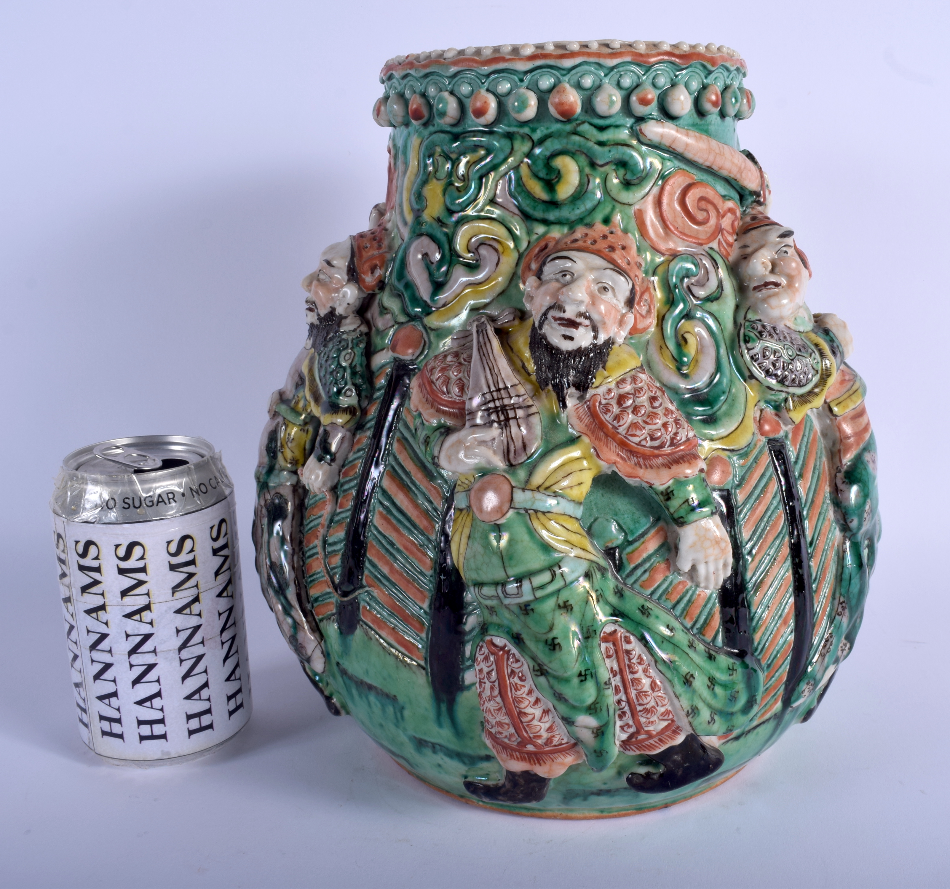 A VERY RARE 19TH CENTURY CHINESE FAMILLE VERTE IMMORTALS VASE Qing, unusually decorated in relief w