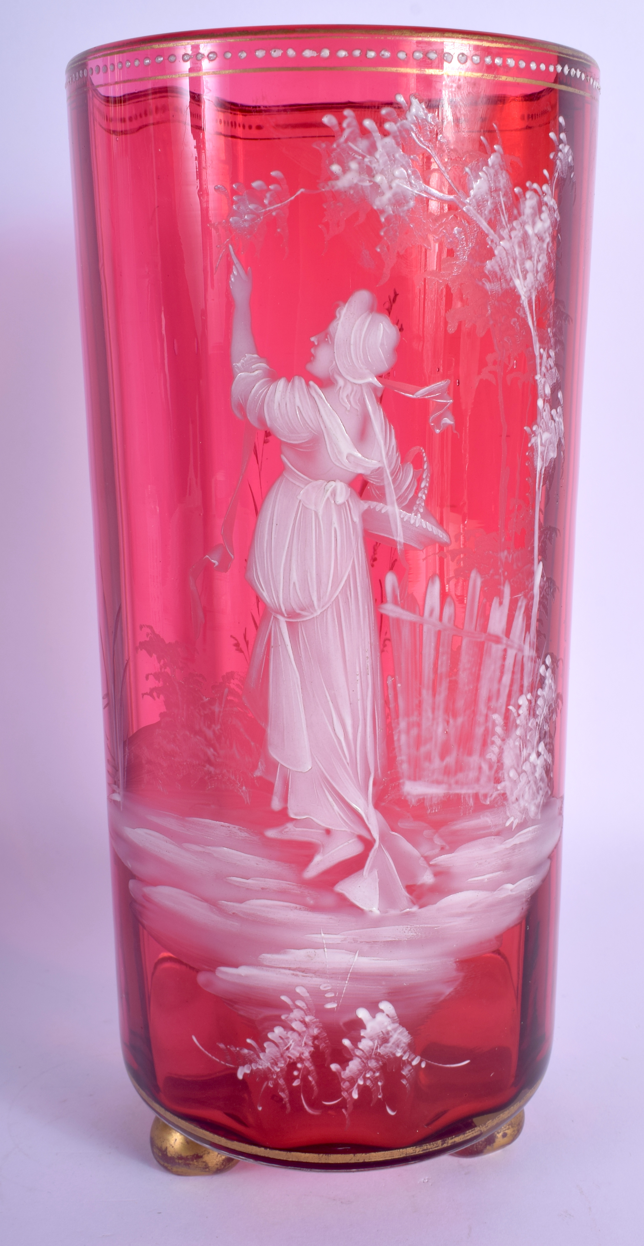 A FINE 19TH CENTURY CRANBERRY GLASS CYLINDRICAL VASE enamelled by Mary Gregory. 29 cm high.