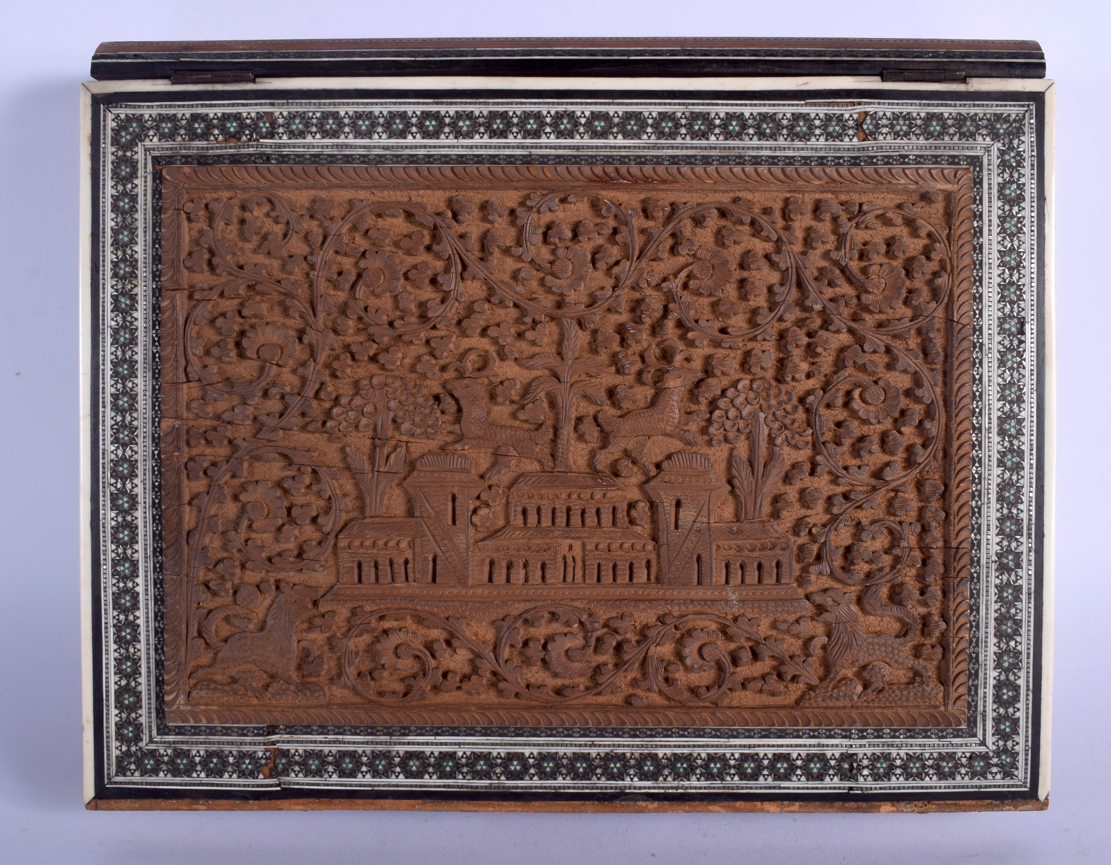 A RARE LARGE 19TH CENTURY MIDDLE EASTERN IVORY AND SANDALWOOD BOOK COVER decorated with elephants a - Image 3 of 5