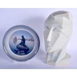 A ROYAL COPENHAGEN PORCELAIN MERMAID PLATE together with a 1980s bust of cubist female. Largest 33