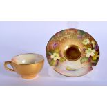 Royal Worcester miniature teacup and saucer painted with primroses by Miss Twinborrow, saucer signe