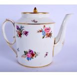 Early 19th c. Paris porcelain teapot and cover of barrel shape finely painted with floral sprays. 1