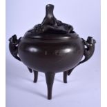 A 19TH CENTURY JAPANESE MEIJI PERIOD BRONZE CENSER AND COVER silver inlaid with motifs. 15 cm x 15