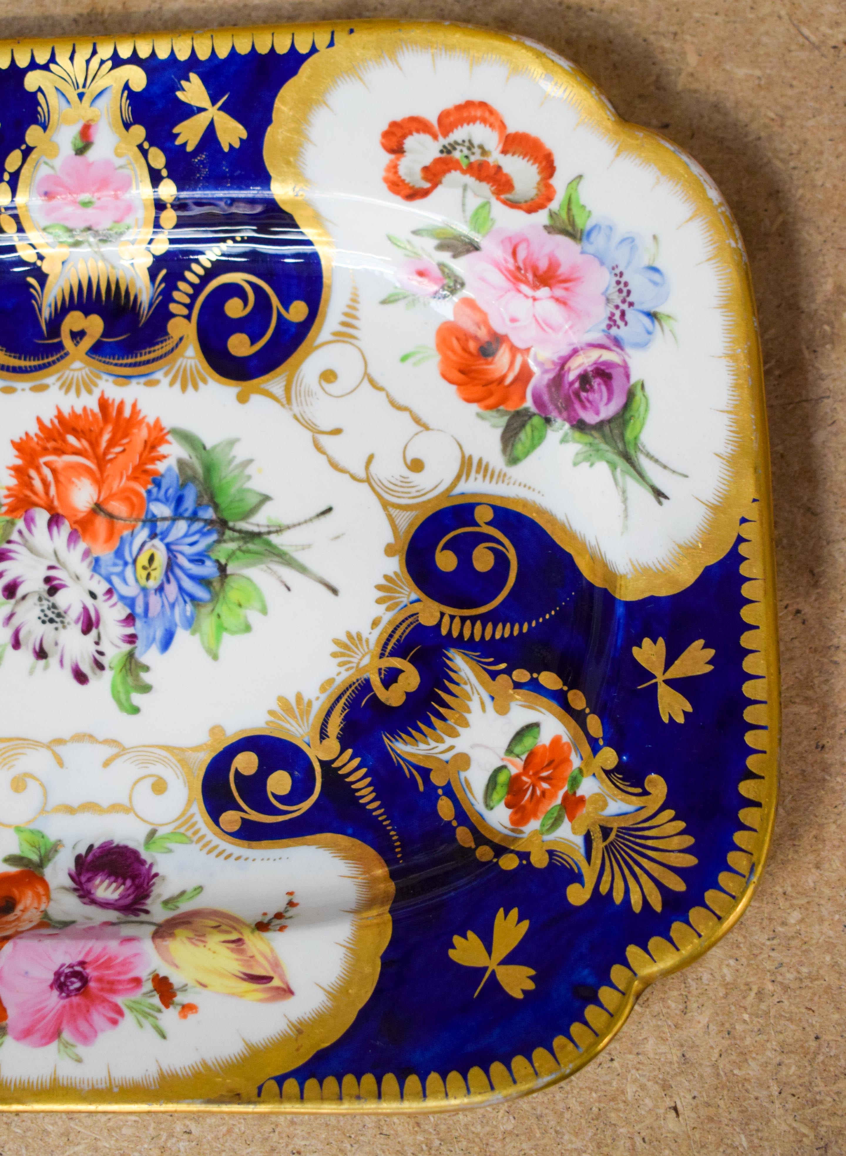 Early 19th c. Coalport pair rectangular dishes painted lavish flowers on a cobalt blue and gilt gro - Image 8 of 14