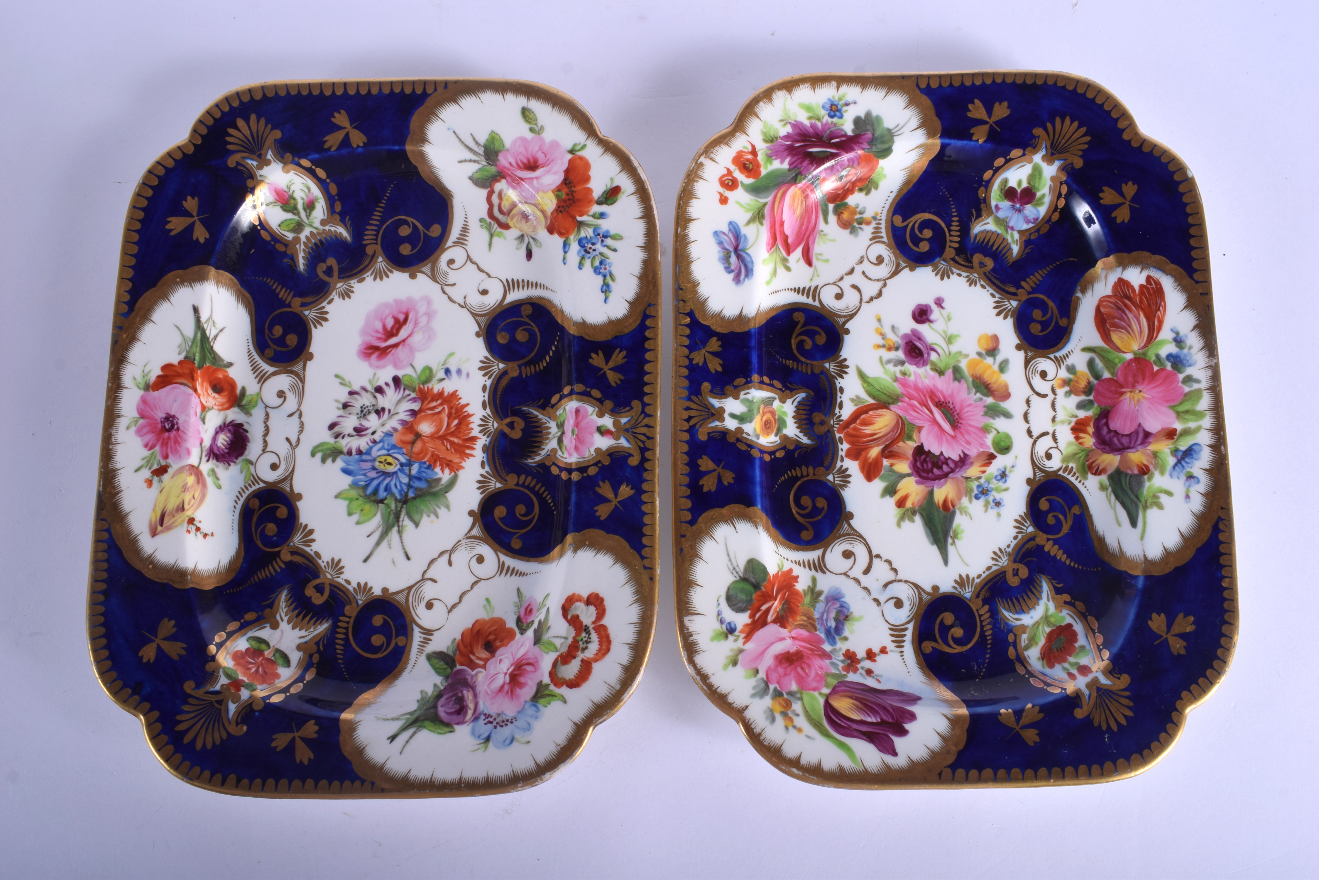 Early 19th c. Coalport pair rectangular dishes painted lavish flowers on a cobalt blue and gilt gro