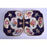 Early 19th c. Coalport pair rectangular dishes painted lavish flowers on a cobalt blue and gilt gro