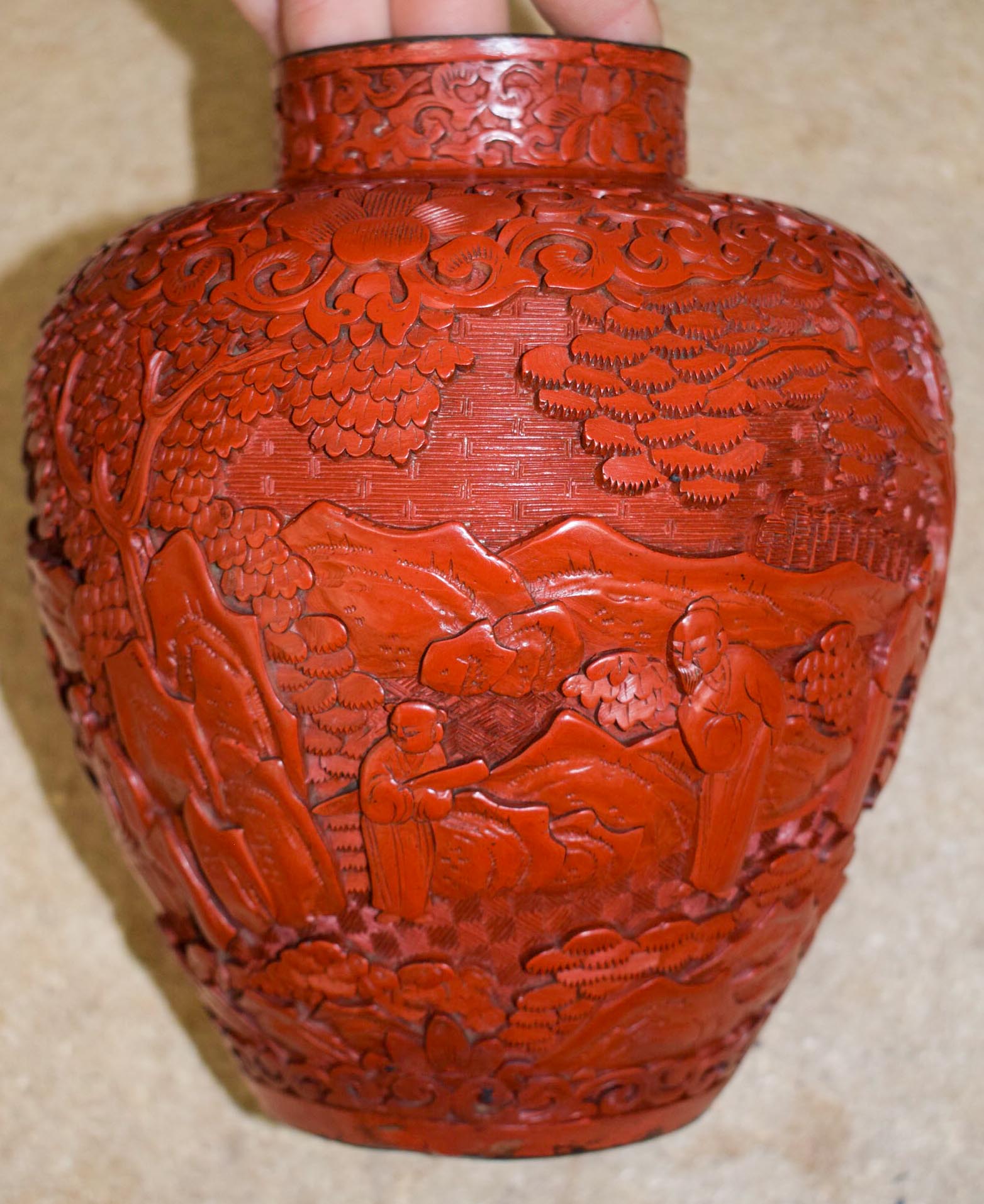 A RARE 19TH CENTURY CHINESE CARVED CINNABAR LACQUER VASE AND COVER Qing, upon a fitted stand. 37 cm - Image 6 of 20