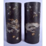 A LOVELY PAIR OF 19TH CENTURY JAPANESE MEIJI PERIOD IRON VASES decorated in gold and silver work wi