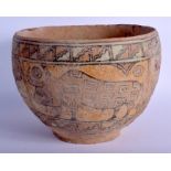 A LARGE INDUS VALLEY CLAY TERRACOTTA POT painted with animals. 30 cm x 24 cm.