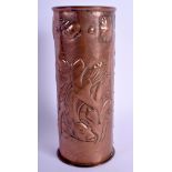 AN ARTS AND CRAFTS COPPER VASE possibly Newlyn, decorated with fish and shells. 20.5 cm high.
