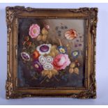 Early 19th c. English ceramic plaque painted with flowers in Derby style. 18cm x 18cm.