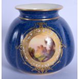Royal Worcester powder blue ground spherical vase painted with a Scottish castle scene, date code f