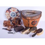 A LARGE VICTORIAN HAT BOX together with an imari charger and binocular case etc. (4)