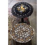Ornately carved Syrian Table inset with mother of pearl and a Lacquer Table. 66cm x 65cm. (2)