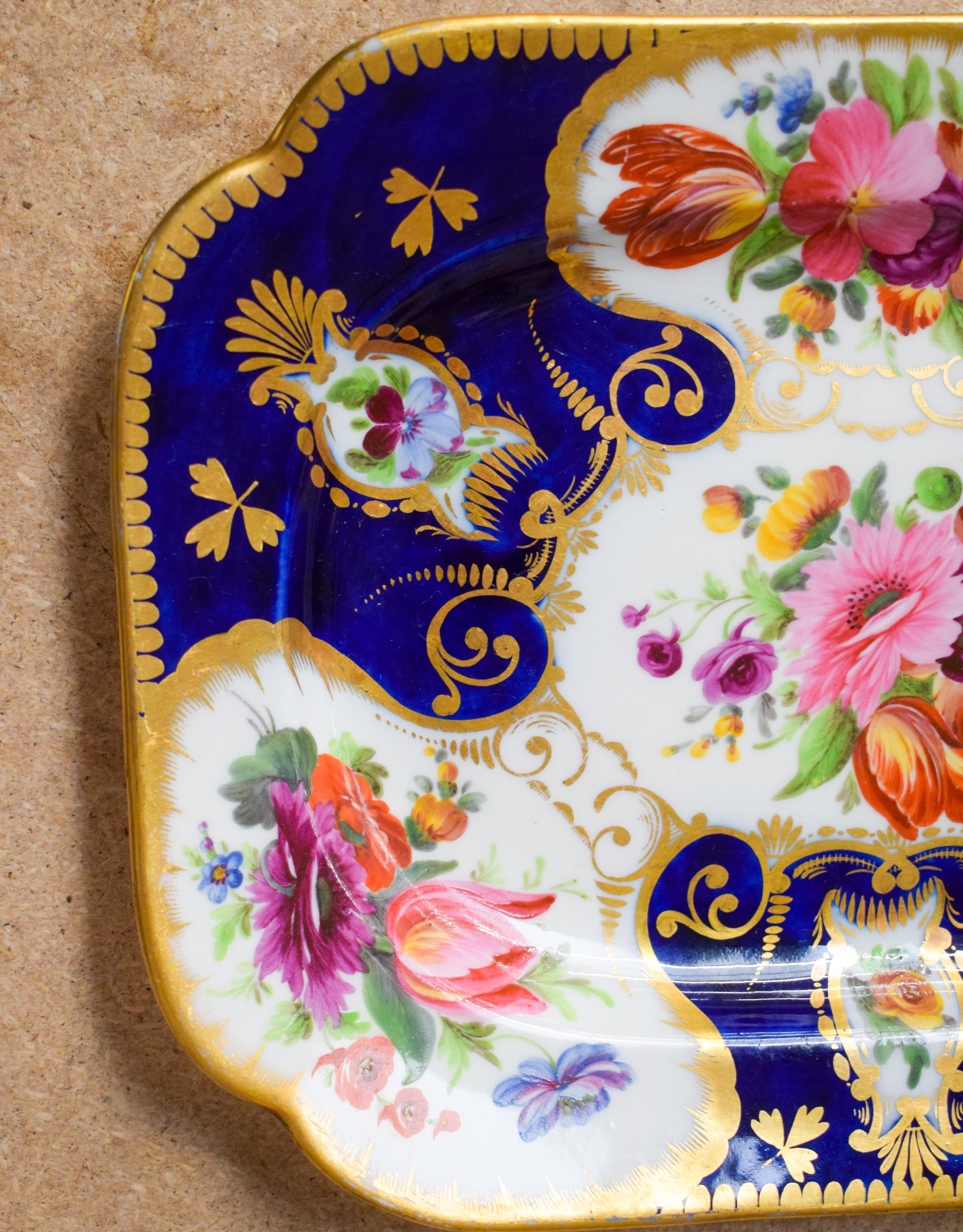 Early 19th c. Coalport pair rectangular dishes painted lavish flowers on a cobalt blue and gilt gro - Image 5 of 14