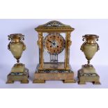 A LARGE 19TH CENTURY FRENCH CHAMPLEVE ENAMEL CLOCK GARNITURE formed with putti supports. Clock 35 c