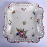 Worcester rare reticulated lobed square shape dish painted with flowers. 21Cm wide
