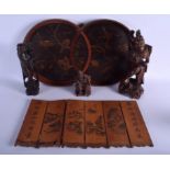 A 19TH CENTURY CHINESE HARDWOOD FIGURE OF A BUDDHA together with two others, a tray & a screen. Lar