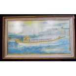 Large framed water colour middle eastern Sea scape featuring Royal barge. Signed 41 x 78cm