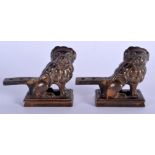 A PAIR OF 18TH CENTURY NORTHERN EUROPEAN BRONZE FIGURES OF LIONS upon rectangular bases. 7 cm x 9 c