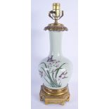 A LOVELY 19TH CENTURY EUROPEAN CELADON FAMILLE ROSE PORCELAIN VASE converted to a lamp. Vase 27 cm