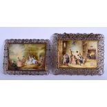 TWO 19TH CENTURY EUROPEAN PAINTED IVORY MINIATURES decorated with figures within jewelled frames. L