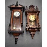 TWO LARGE VIENNA REGULATOR MANTEL CLOCKS. Largest 80 cm long. (2)