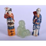 AN EARLY 20TH CENTURY CHINESE CARVED JADE BOY together with two other figures. (3)
