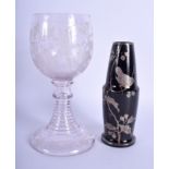 AN EARLY 20TH CENTURY BOHEMIAN GLASS GOBLET together with a silver painted glass vase. Largest 21.5