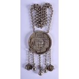 A CHINESE WHITE METAL HANGING PENDANT 20th Century. 5.5 cm diameter.