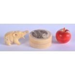 A 19TH CENTURY JAPANESE MEIJI PERIOD IVORY BOX AND COVER together with an apple etc. (3)