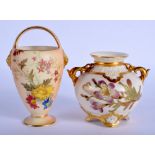 Royal Worcester two handled, four footed vase painted with flowers on an ivory ground shape 1176,