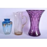 A CANADIAN ART GLASS VASE together with a large vase & jug. Largest 28 cm high. (3)