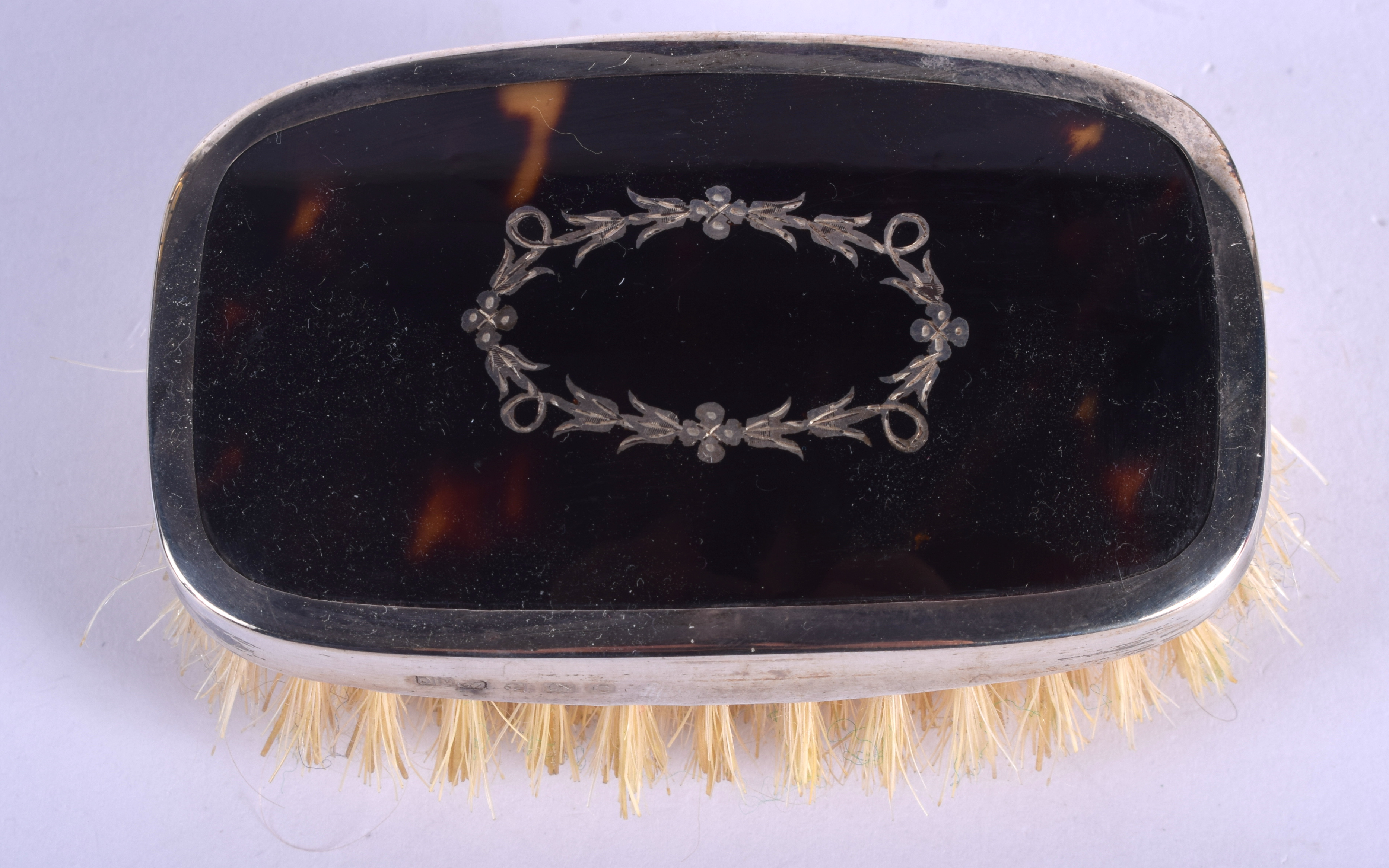 A BOXED ANTIQUE SILVER AND TORTOISESHELL BRUSH. 8 cm x 4.5 cm. - Image 2 of 2