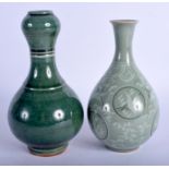 AN EARLY 20TH CENTURY KOREAN STONEWARE VASE together with a garlic neck vase. 18 cm high. (2)