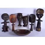 AN EARLY 20TH CENTURY AFRICAN TRIBAL DOGON CARVED WOOD BOWL together with kuia drinking cups etc. L