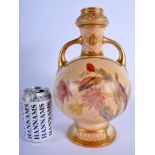 Royal Worcester blush ivory two handle vase of Persian inspiration shape 1034, painted with flowers