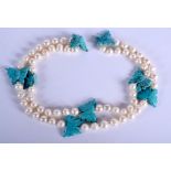 A VINTAGE PEARL AND TURQUOISE MOTH NECKLACE. 41 cm long.