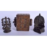 AN 18TH CENTURY INDO TIBETAN BRONZE FIGURE OF A BUDDHA together with a travelling shrine & prayer b