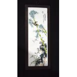 A Framed Chinese porcelain plaque Birds and foliage 49 x 17cm