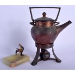 AN ARTS AND CRAFTS COPPER TEAPOT ON STAND together with a deco ashtray. 22 cm high inc handle. (2)
