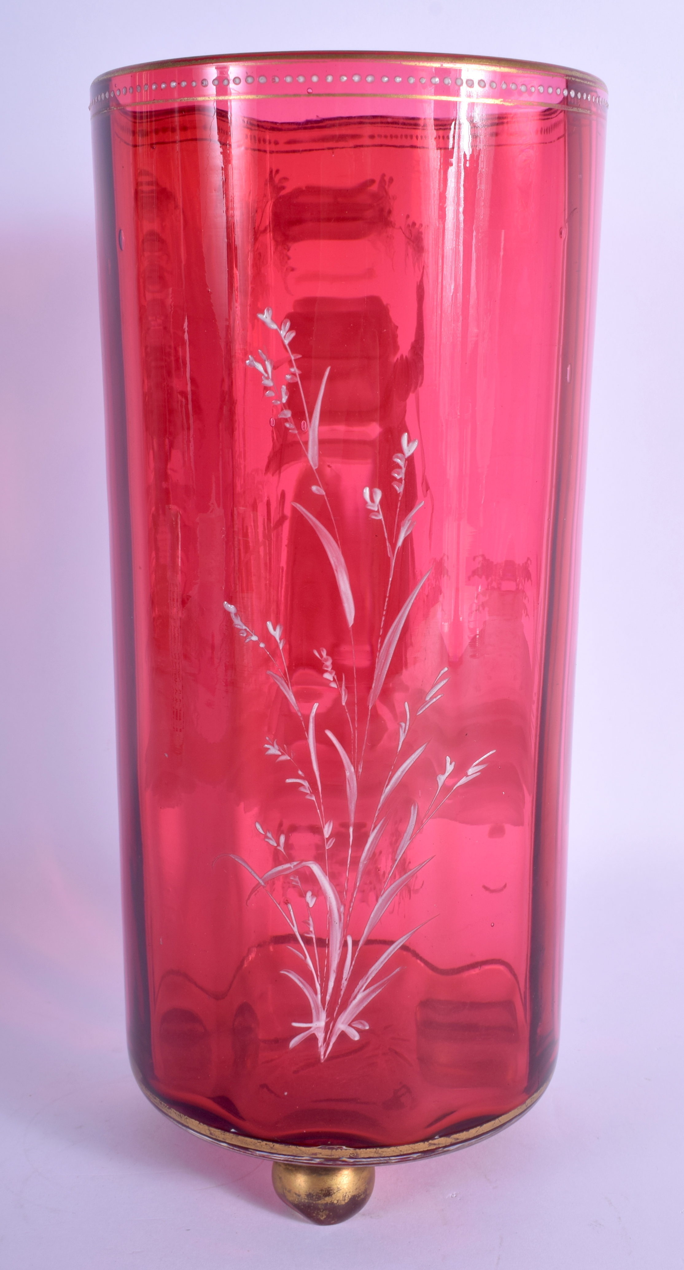 A FINE 19TH CENTURY CRANBERRY GLASS CYLINDRICAL VASE enamelled by Mary Gregory. 29 cm high. - Image 2 of 3
