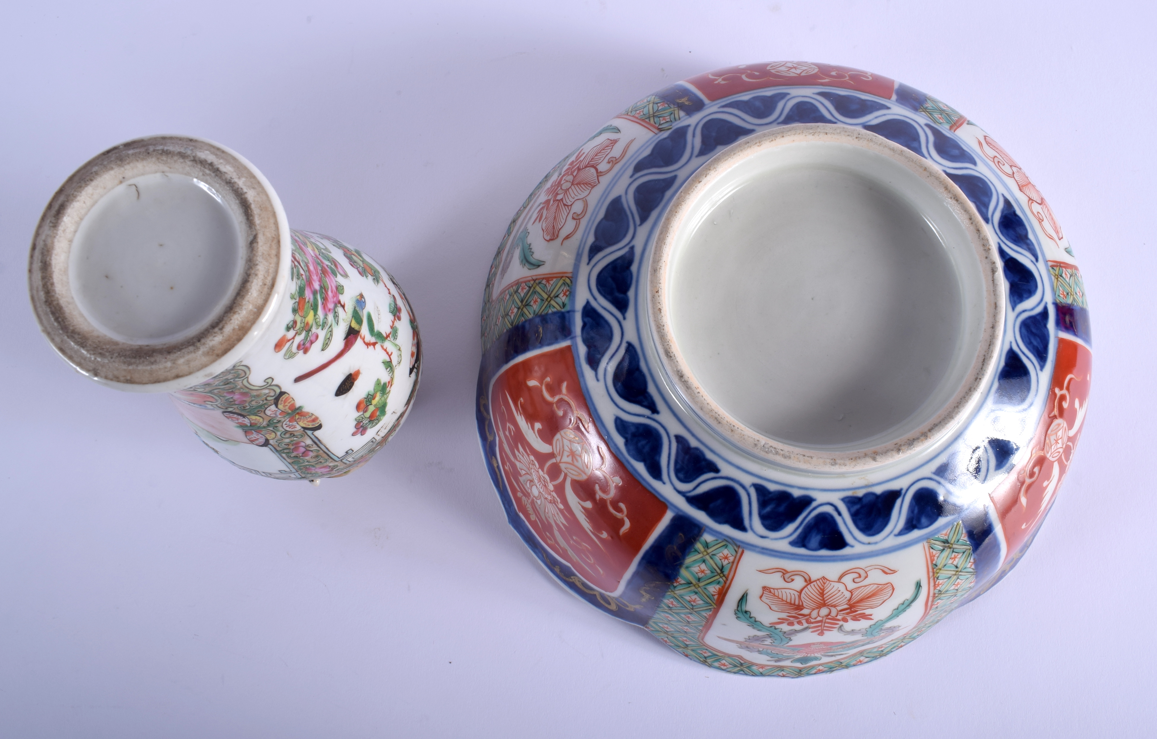 A 19TH CENTURY JAPANESE MEIJI PERIOD IMARI BOWL together with a canton famille rose vase. Largest 2 - Image 4 of 4