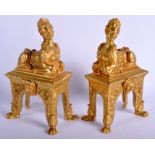 A FINE PAIR OF ANTIQUE FRENCH LOUIS XV ORMOLU SPHINX FIGURES modelled upon rectangular bases, upon
