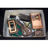 Miscellaneous group, vintage tools, money boxes, opera glasses etc