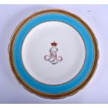 Minton plate with Earl’s Coronet and initials S. M. under a turquoise and acid etched Greek key bor