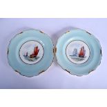 Royal Crown Derby pair of yacht scene plates with turquoise border signed by W E J Dean signed, dat