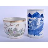 A 19TH CENTURY CHINESE BLUE AND WHITE PORCELAIN BRUSH POT Qing, together with a famille rose jar. L