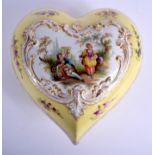 A RARE 19TH CENTURY DRESDEN PORCELAIN HEART SHAPED BOX AND COVER painted with lovers within a lands
