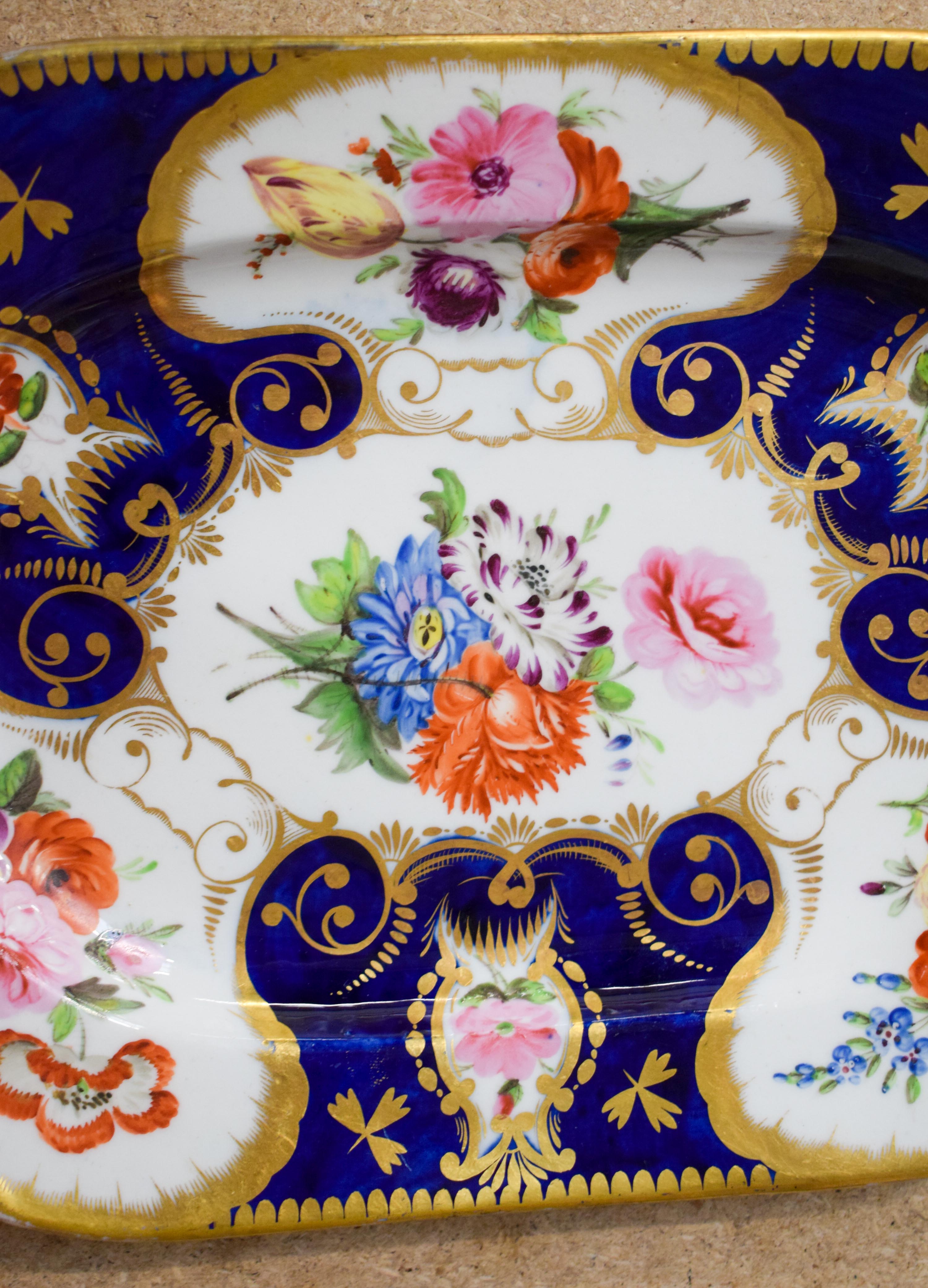 Early 19th c. Coalport pair rectangular dishes painted lavish flowers on a cobalt blue and gilt gro - Image 7 of 14
